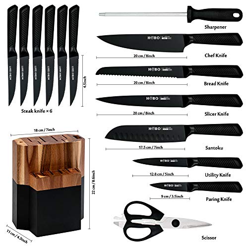 Knife Block Set, 15 Piece Stainless Steel Knife Set - color: Black