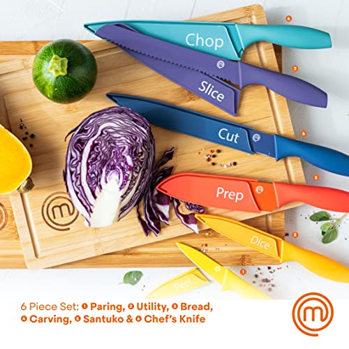 MasterChef Kitchen Knives Set with Covers incl. Paring, Boning, Carving, Bread, Santoku & Chef Knife, Sharp Cutting Stainless Steel Blades with Sheaths, 12 Piece (6 Colored Knives & 6 Covers) - color: Vivid (with Captions), style: Knives with Covers