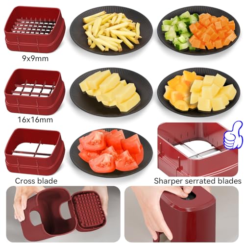 KEOUKE Multifunctional Vegetable Chopper Red - 3 Interchangeable Blades Potato French Fry Cutter with Container & Storage Box Food Chopper Dicer for Cucumber, Tomato, Carrot, Onion - color: Red, size: Cube