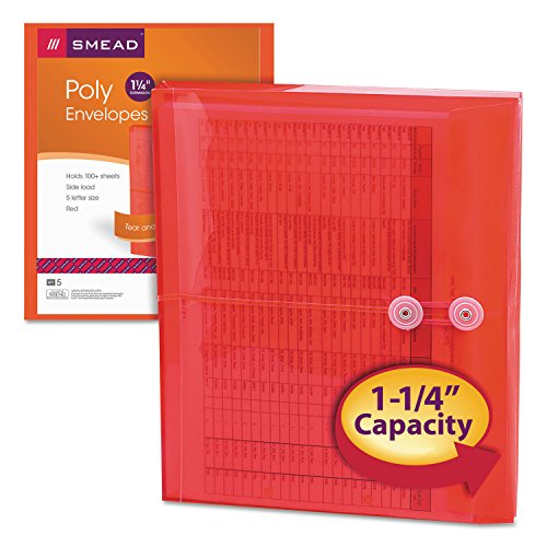 Smead Poly Envelope, 1-1/4" Expansion, String-Tie Closure, Side Load, Letter Size, Red, 5 per Pack (89527) - color: Red, size: 9-3/4 x 11-5/8 Inches (5-Pack)