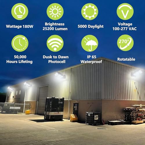 Rotatable 180W LED Wall Pack Light with Dusk to Dawn Photocell, 5000K 25200LM 800-1000W HPS/HID Equiv, ETL Adjustable Head Outdoor LED Wallpack Lighting Fixture for Area Light, Parking,Warehouse - size: 180W