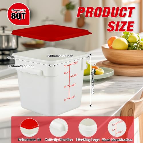 Square Food Containers with Lids 4-Pack, Commercial Grade Plastic Bins for Restaurant Kitchen Pantry Storage, Freezer & Dishwasher Safe (Red, 8QT-4PACK) - size: 8QT-4PACK
