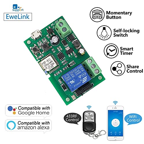 1-Channel Ewelink App Remote Control WiFi Wireless Switch Relay, self-Locking, Interlock Mode, with 433RF Remote Control, Used to Access and Control Smart Garage Doors - color: DC1+433, size: Ewelink