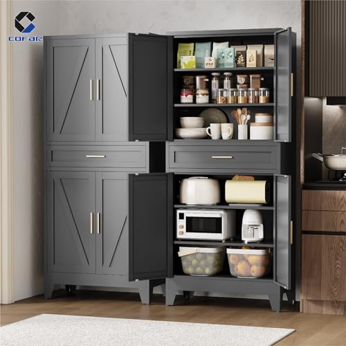 COFaR 71 in Tall Kitchen Pantry Cabinet with Drawer, Metal Pantry Storage Cabinet with 4 Adjustable Shelves and 4 Barn Doors, Freestanding Farmhouse Food Cupboard for Dining Room Garage, Black 6-Tier - color: Black, size: 15.75''D × 31.5''W × 70.87''H-L07
