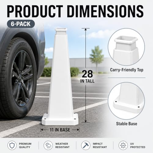 BESEA 6 Pack 28 Inch White Traffic Cones with Weighted Base - color: White, size: 28INCH
