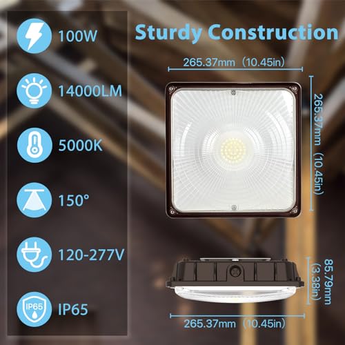 HYPERLITE 100W Canopy LED Lights: 14000LM 1-Pack IP65 Commercial Gas Station Lighting - Square Aluminum Industrial Heat Dissipation for Parking Garage Carport