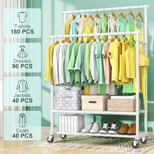 Double Rods Clothes Rack for Hanging Clothes, Heavy Duty Rolling Clothing Rack with Wheels, Freestanding Garment Racks with Oxford Bottom Shelf and Mesh Bottom Shelf for Bedroom Laundry (White) - color: White