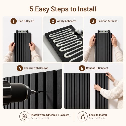 Amsleekey 2-Pack 94.5″x12.6″ Acoustic Wood Slat Wall Panels, 4 Hooks, Black - color: Black, size: 94.5 x 12.6 in - 2 pcs