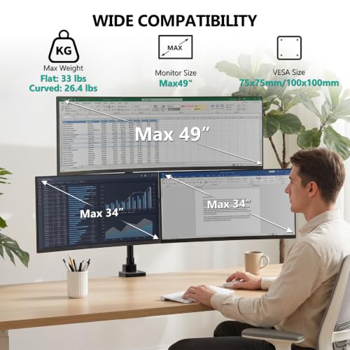 WALI Stacked Triple Monitor Mount for 49" UItrawides and Dual 34" Monitors - color: Black (Triple), size: 17" to 49"