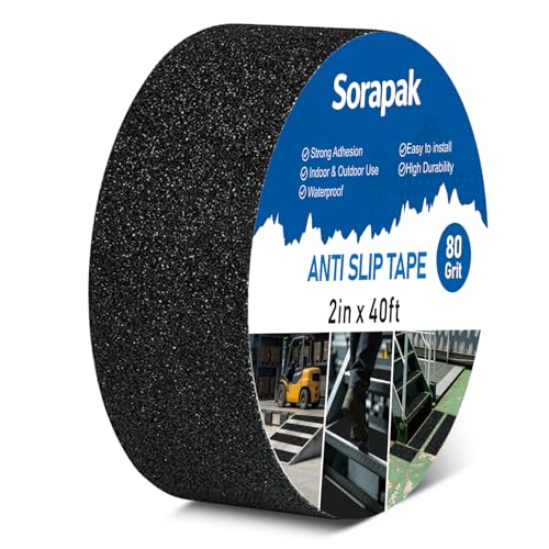 Black Anti Slip Tape 2in x 40ft, 80 Grit Waterproof Non Skid Grip Tape Roll for Stairs, Steps, Ramps, Decks, Floors, Ladders, Indoor & Outdoor Use - size: 2'' x 40 FT