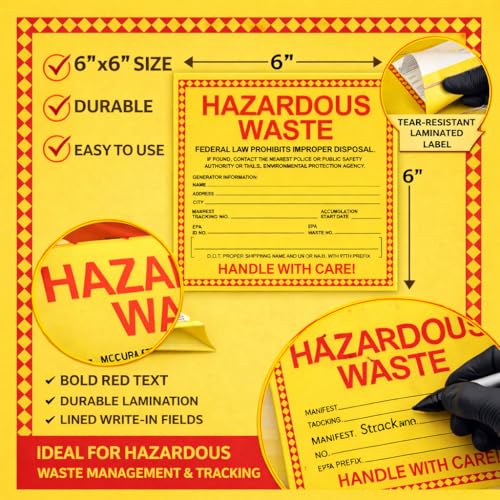 Hazardous Waste Labels, 6 x 6 inches, Red/Black/Yellow, Self-Adhesive Vinyl, Pack of 25