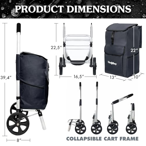 Ultra-Lightweight Black Foldable Shopping Cart for Groceries Large 42L Capacity Rubber Wheels, Removable Insulated Bag Liner, Durable Aluminum Frame, Multi-Function Personal Hand Truck - color: Black, size: TWO WHEEL