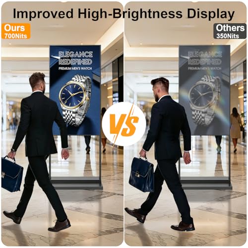 32 Inch Floor Standing Digital Signage, 700nits High Brightness Slim Frameless Advertising Display, Digital Signage with CMS/U-Disk Plug&Play, Split Screen, 7/24 Timer switch,HDMI/USB/WiFi/Android OS