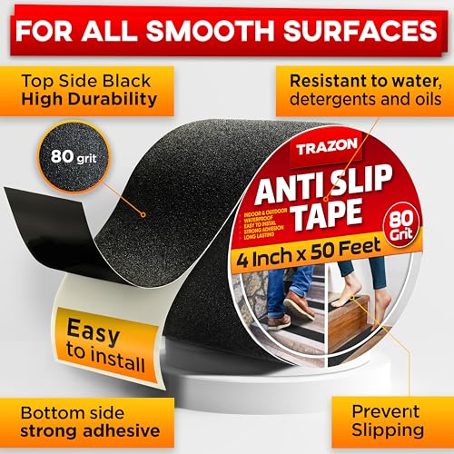 Grip Tape - Heavy Duty Anti Slip Tape for Stairs Outdoor/Indoor Waterproof 4Inch x 50Ft Safety Non Skid Roll for Stair Steps Ramp Traction Tread Staircases Grips Adhesive Non Slip Strips Walk Black - color: Black, size: 4 Inch x 50 Feet