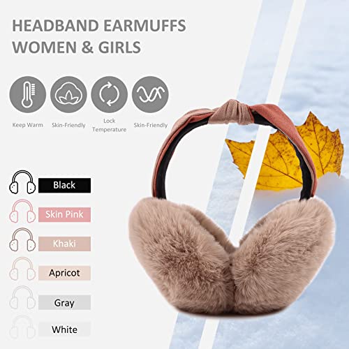 Peecabe Winter Women Earmuffs Faux Fur Unisex Ear muffs Foldable Ear Cover - color: Khaki Bow