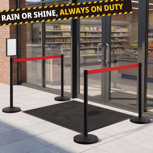 6-Pack Black Stainless Steel Crowd Control Stanchions, 9.8 ft Retractable Red Safety Belts with 1 Sign Holder(Red Belt) - color: Black stanchions w Red Belt, size: 6 pcs