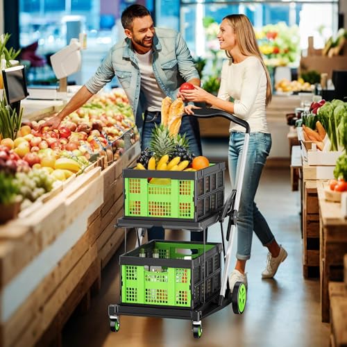 Collapsible Shopping Cart, 8-in-1 200LBS Multi Functional Utility Cart with 2 Storage Crate,Adjustable Handle Grocery Cart on Wheels for Shopping/Warehouse/Office/Supermarket -Green - color: Green