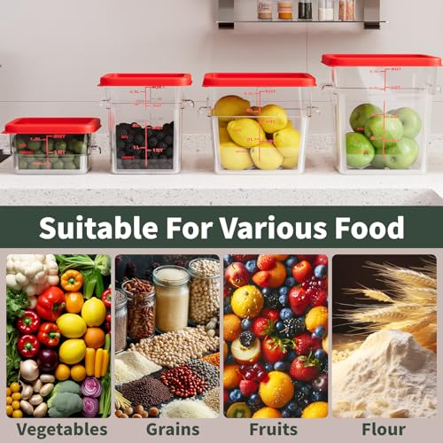 8 Quart Set of 4 Food Storage Containers Commercial Clear Square Food Storage Containers with Lids and Handles(BPA FREE) - color: Red-4Pack-8qt