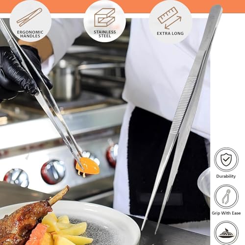 Professional Culinary Stainless Steel Precision Tongs with Serrated Tips, Plating/Food Presentation Detailing Serving Tongs, Chef's Kitchen Tweezer Tongs - Ultra Non-Slip Grip (10" STR Slim) - size: 10" Straight Slim