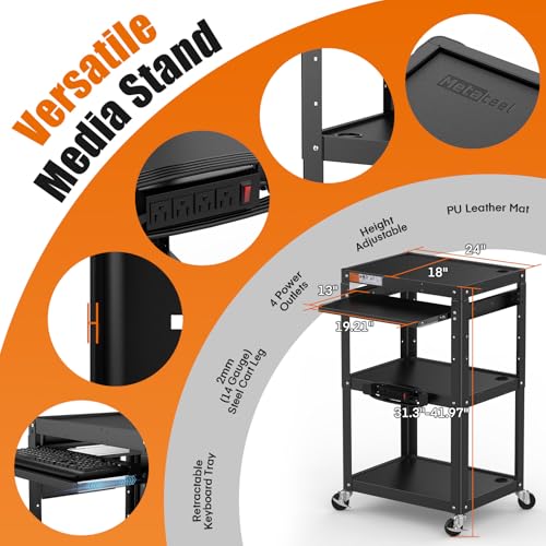 AV Presentation Cart Stand for Video Projector,TV,Laptop Computers,Printers,Metal Construction Rolling Cart with Adjustable Shelves,4 Wheels,4 Outlets, 5.75ft Cord,Support 300 lbs,Black - style: AV Cart with Keyboard Tray(M-AV-J)