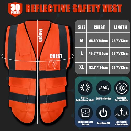 Leumoi 30 Pack Reflective Safety Vest with Pockets - color: Orange, size: X-Large