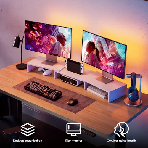 FITUEYES Dual Monitor Stand Riser, Adjustable Length and Angle, White - color: White