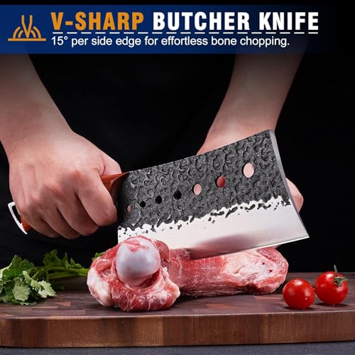KITNATS 2PCS Hand Forged Butcher Knife Set, Meat Cleaver & Serbian Chef Knife for Meat Cutting, Boning, Kitchen Prep, Outdoor Cooking, BBQ, Gift for Men - color: Orange-2PC Meat Cleaver Set