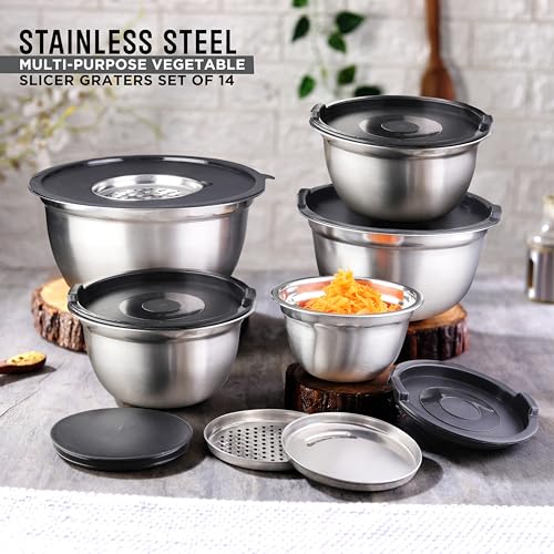 AVADOR Premium Brushed Stainless Steel Mixing Bowls Sets, Easy To Clean, Space Saving, Great for Cooking, Baking, Prepping Needs 0.25qt, 1qt, 1.5qt, 3qt, 5qt (8 pc with Lid and Grater) - size: 8 pc (0.25 qt, 1 qt, 1.5 qt, 3 qt, 5 qt)
