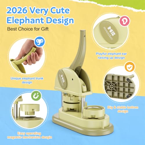 Elephant Button Maker Machine 2.25 inch– All-in-One DIY Pin Badge Press Kit with 100pcs Button Parts, Circle Cutter, No Installation, One-Handed Operation, Perfect for Crafts, Gifts & Events 2026 New - color: Tawny 2.25 inch
