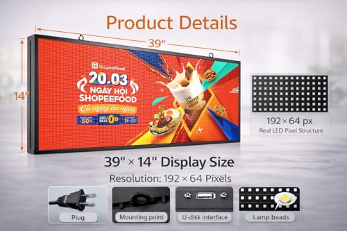 P5 Outdoor LED Advertising Sign 39"x14" Full Color Programmable Digital Display, Scrolling Message Board with WiFi & USB Control, Aluminum Frame for Storefront Business Promotion - size: P5 39"x14"