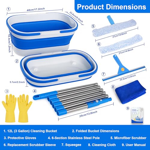 Window Cleaning Kit, Window Washing Kit with 3 Gallon Collapsible Bucket, 14-Inch Squeegee & 15-Inch Scrubber, 76-Inch Extendable Pole, Window Washing Equipment for Home & Commercial (76 inch)