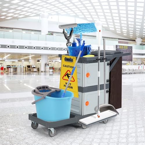 3 Tier Janitorial Cart,Commercial Cleaning Cart on Wheels with 2 Cabinet,Open Shelves & Oxford Bag,Housekeeping Cleaning Caddy Service Carts for Home Office School Hotel