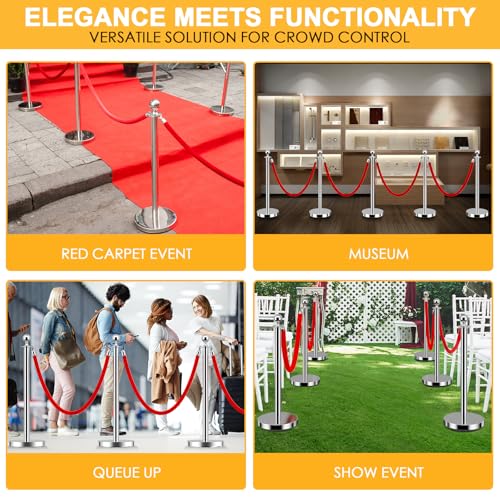 LOVMOR Stainless Steel Stanchion Post, Stanchions with Red Rope, Hollow Base and Velvet Ropes Safety Barriers Set, Carpet Runner for Party (6pack-Silver) - color: Silver-6pack