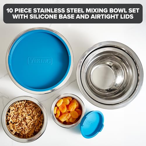Viking Mixing Bowls Set, 10 Piece Stainless Steel Kitchen Cookware, Non-Slip Silicone Base, Includes Tight Fit Lids, Dishwasher Safe, Teal - color: Teal
