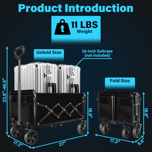 Collapsible Wagon Cart with Wheels Foldable: 360LBS Heavy Duty Folding Utility Wagon - Portable All Terrain Grocery Wagon Cart for Groceries Shopping Outdoor Camping Fishing Sports (Dark Black) - color: Black-360bl