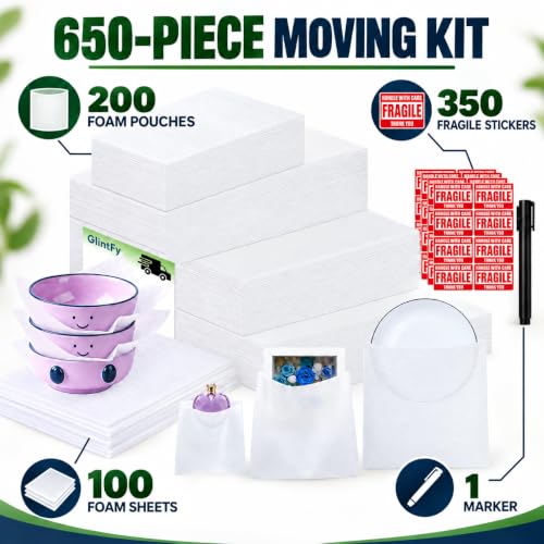 650Pcs Dish Packing Supplies for Moving,300 Foam Pouches & Sheets 4 Sizes (16x12",12x12",12x7.8",7.8x7.8") with 350 Fragile Stickers & Marker Pen for Moving, Packaging, Storage