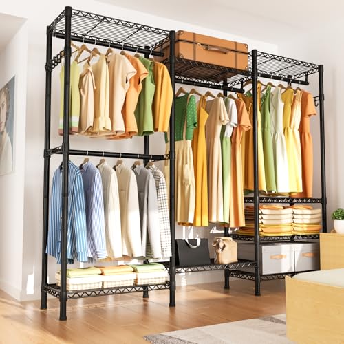 Golpart Heavy Duty Clothes Rack Metal Wardrobe with Adjustable Wire Shelves - color: Black, size: 15.75"D x 56.6"W x 76.8"H