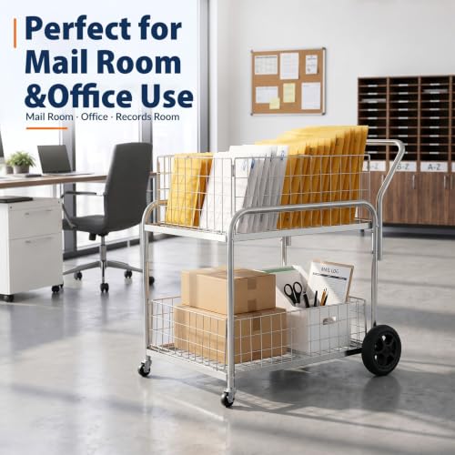 BreezeHug Mail Cart with Wheels for Office, 2 Shelf Basket Wire Cart