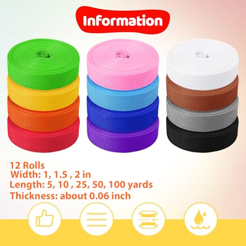 12 Rolls Polypropylene Webbing 1 Inch 1.5 inch 2 inch Nylon Webbing Straps, 5 10 25 50 100 Yards Webbing Strapping - size: 1 inch-10 yards