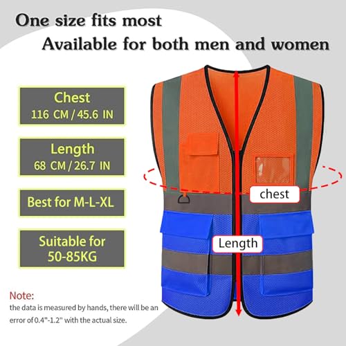 Reflective Mesh Safety Vest, Breathable Hi Vis Vest Construction Work with 5 Pockets and Zipper for Men Women - color: Orange+blue