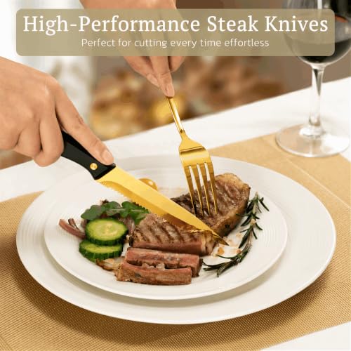Astercook 25-Piece Gold Silverware Set with Steak Knives, Flatware Tableware Set for 4, Great Food-Grade Stainless Steel Cutlery Set, Mirror Polished Dining Utensils Set, Perfect for Home Restaurant