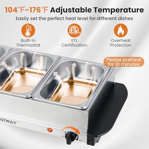 COSTWAY Electric Buffet Server Food Warmer, Stainless Steel Countertop Food Warming Tray with 3 Removable Trays, Adjustable Tempered Control & See-Through Lids for Parties, Holidays & Catering - size: 21"L x 10"W x 6"H
