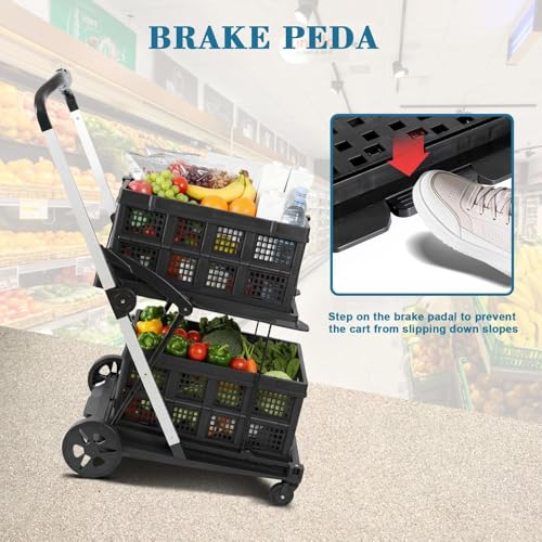 Collapsible Shopping Cart on Wheels, Folding Shopping Cart with 360ยฐ Swivel Wheels, Multi Use Utility Carts Adjustable Portable Trolley with 2 Storage Crate, Used for Picnic, Supermarket, Black - color: Black