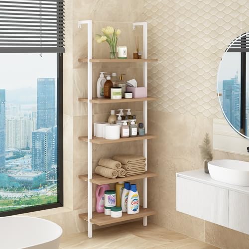 Karl home Oak 5 Tier Wall Mount Ladder Shelf, Metal Frame Open Bookcase - color: Oak