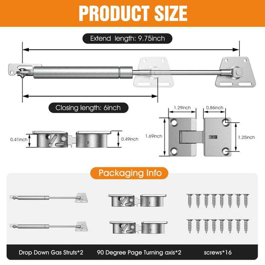 Drop Down Gas Spring Hinge, 90° Struts for Downward Cabinet Doors - color: Silver