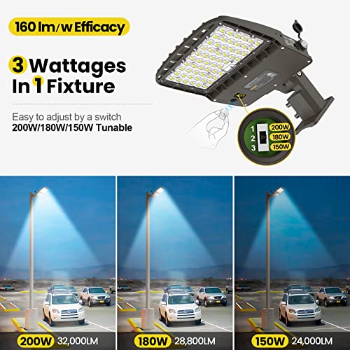 YARBO LED Parking Lot Light - 200W/180W/150W Switchable, 5000K 32000LM 160LM/W Shoebox Light, Dusk to Dawn Photocell, IP65 Waterproof ETL Listed 100-277V for Driveways & Lots, Arm Mount & Slip Fitter - size: 200W-180W-150W Switchable