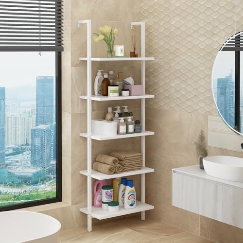 Karl home White 5 Tier Wall Mount Ladder Shelf, Metal Frame Bookcase - color: White