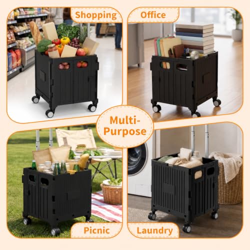 Foldable Shopping Cart with Wheels: Black Rolling Utility Crate - color: Black(m)