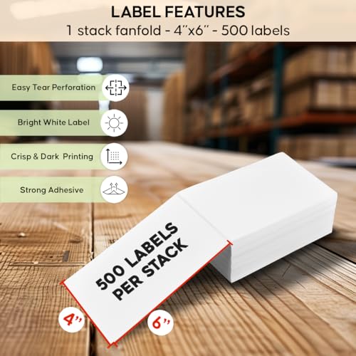 Arkscan SL500 Fan-Fold 4x6 Thermal Shipping Labels - 500 Labels/Pages per Stack, Fanfold Direct Thermal for Zebra, Rollo & Arkscan Printers