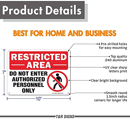 Restricted Area Do Not Enter Authorized Personnel Only Sign - 2 Pack - 10 x 7 Inches Rust Free .040 Aluminum - UV Protected, Waterproof, Weatherproof and Fade Resistant - 4 Pre-drilled Holes - color: Red - 10" x 7" - 2 Pack